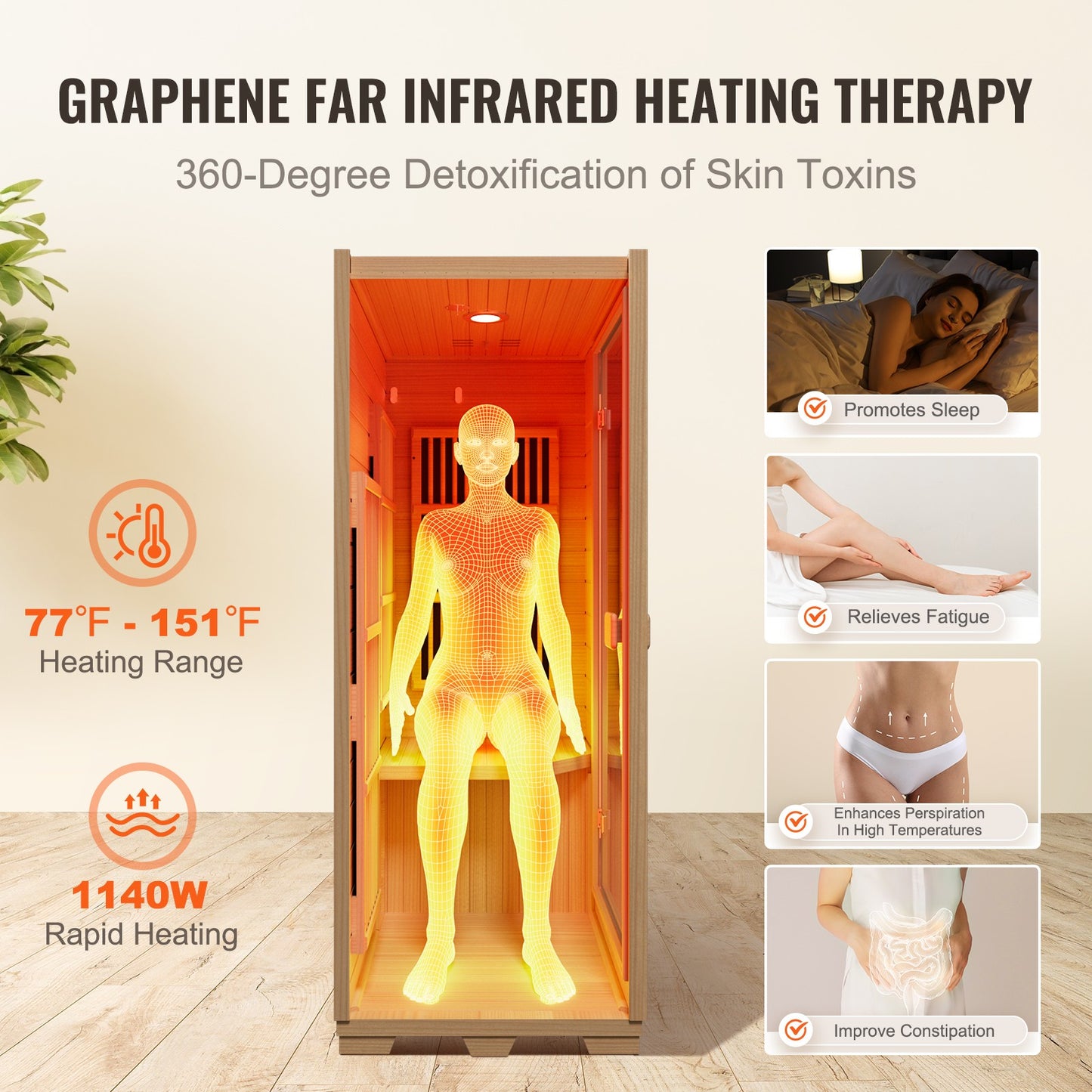 Far Infrared Wooden Sauna Room Home Sauna Spa for 1 Person1140W